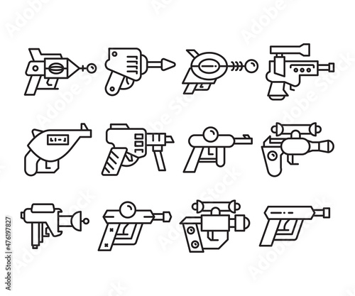 space gun and blaster icons set vector line illustration