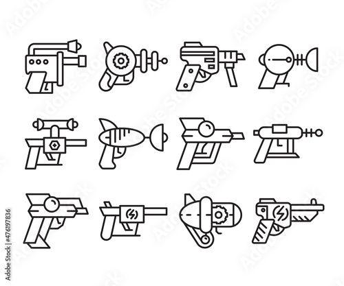space gun and blaster icons set vector line illustration