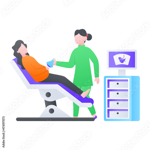 Female Nurse performing abdominal ultrasound Concept, sonogram gynecologist Vector Color Icon Design, Medical and Healthcare Scene Symbol, Disease Diagnostic Sign, Doctor and Patient Character Stock 