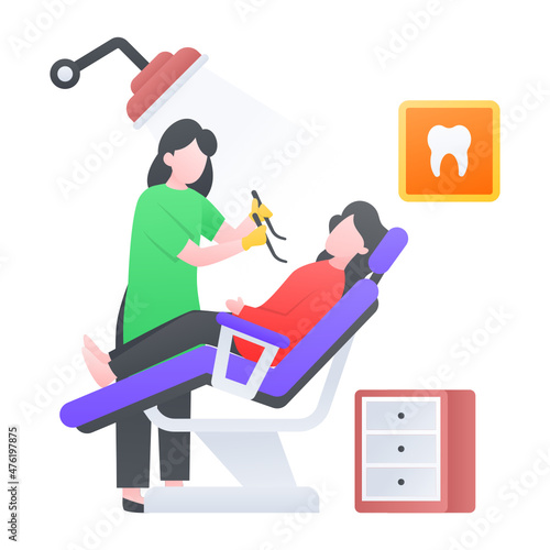 dental hygienist Concept, Young woman visiting dentist Vector Color Icon Design, Medical and Healthcare Scene Symbol, Diseases Diagnostic Sign, Doctor and Patient Characters Stock Illustration