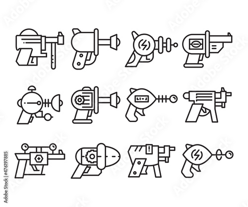 space gun and blaster icons set vector line illustration