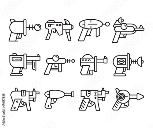 space gun and blaster icons set vector line illustration