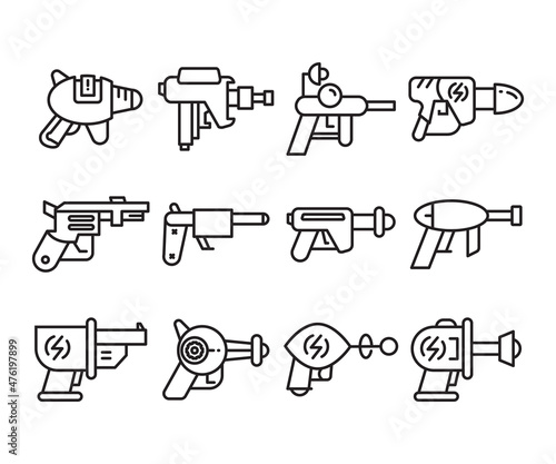 space gun and blaster icons set vector line illustration