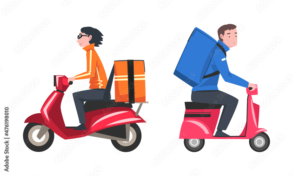Food Delivery Courier Service with Man on Motor Scooter Carrying Bag Vector Set