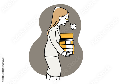 大量の書類を手にため息をつく従業員の女性　サービス残業を強いられる人　ゆるい線画の人物イラスト