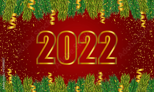 HAPPY NEW YEAR 2022 ON RED BACKGROUND WİTH SPRUCE BRANCHES © Adelia
