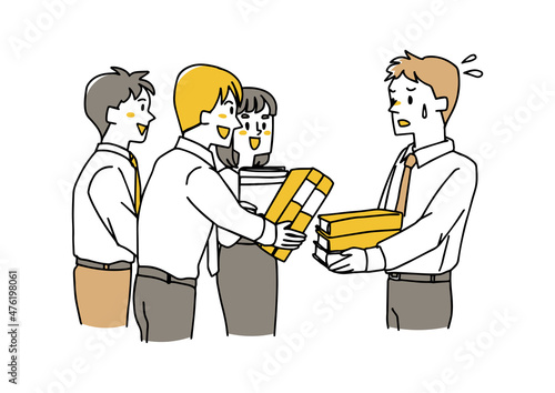 仕事を押し付けられて困っている男性　職場の人間関係に対するストレス　ゆるい線画の人物イラスト