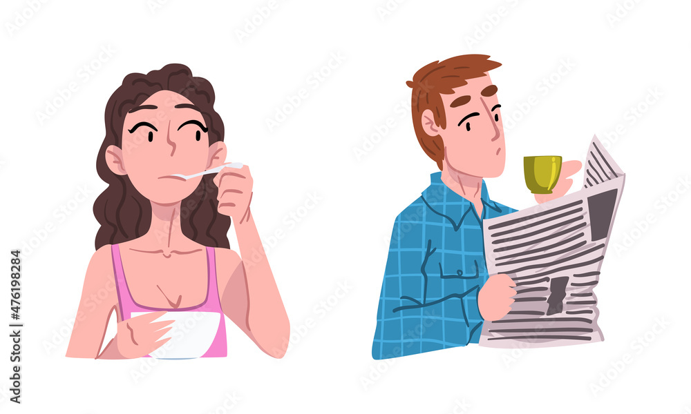 Young Woman Having Breakfast and Man Reading Newspaper and Drinking Coffee in the Morning Engaged in Daily Routine Activity Vector Set Young Woman Having Breakfast and Man Reading Newspaper and Drinking Coffee in the Morning Engaged in Daily Routine Activity Vector Set