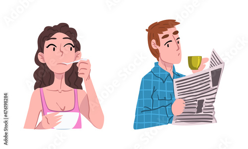 Young Woman Having Breakfast and Man Reading Newspaper and Drinking Coffee in the Morning Engaged in Daily Routine Activity Vector Set