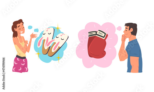 Man and Woman Thought and Need in Cloud Vector Set