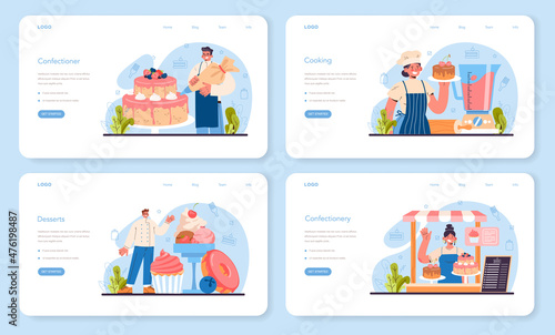 Confectioner web banner or landing page set. Professional confectioner