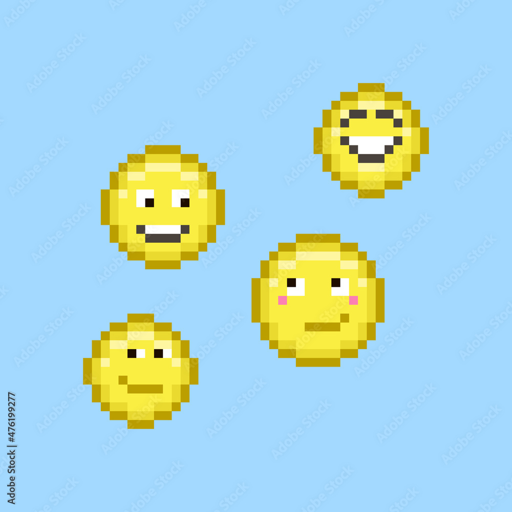 colorful simple vector pixel art illustration of four cartoon yellow joyful and playful emoticons