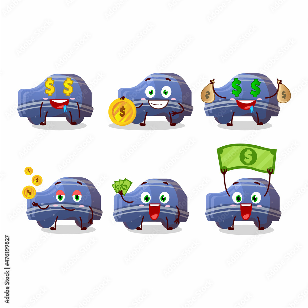 Blue car gummy candy cartoon character with cute emoticon bring money Blue car gummy candy cartoon character with cute emoticon bring money