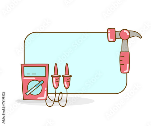 blank note board with voltmeter and hammer vector illustration