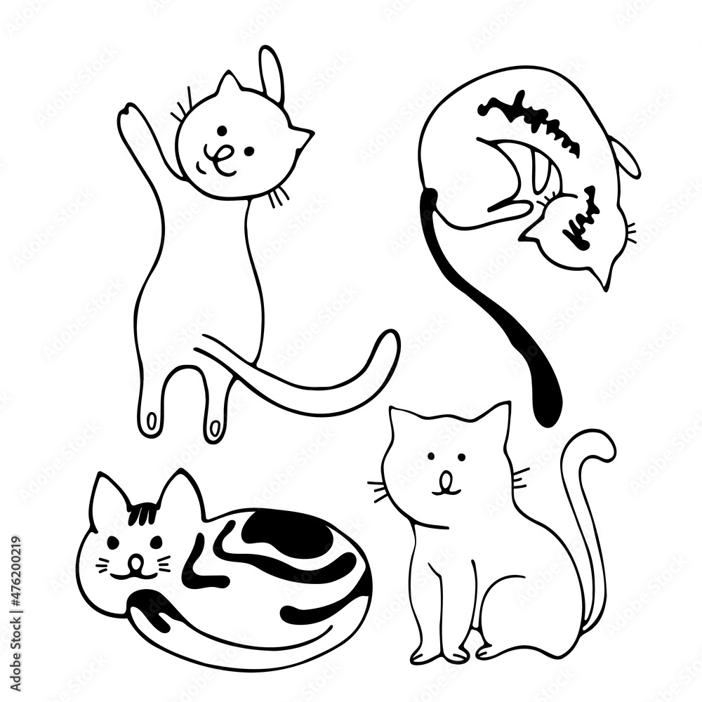 Draw black and white vector illustration character collection cute cats. Doodle cartoon style. Set characters.