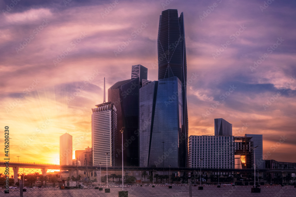 Riyadh skyline at sunset over King Abdullah Financial District