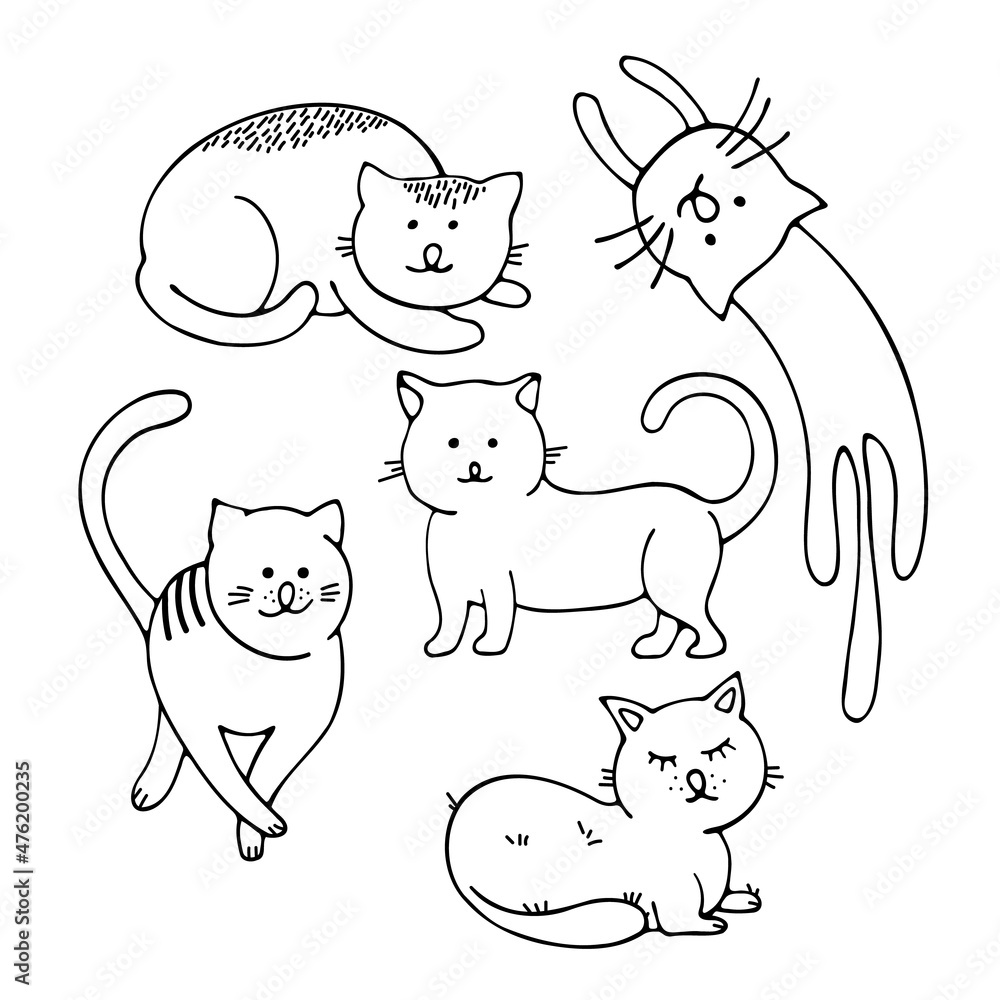 Draw black and white vector illustration character collection cute cats. Doodle cartoon style. Set characters.