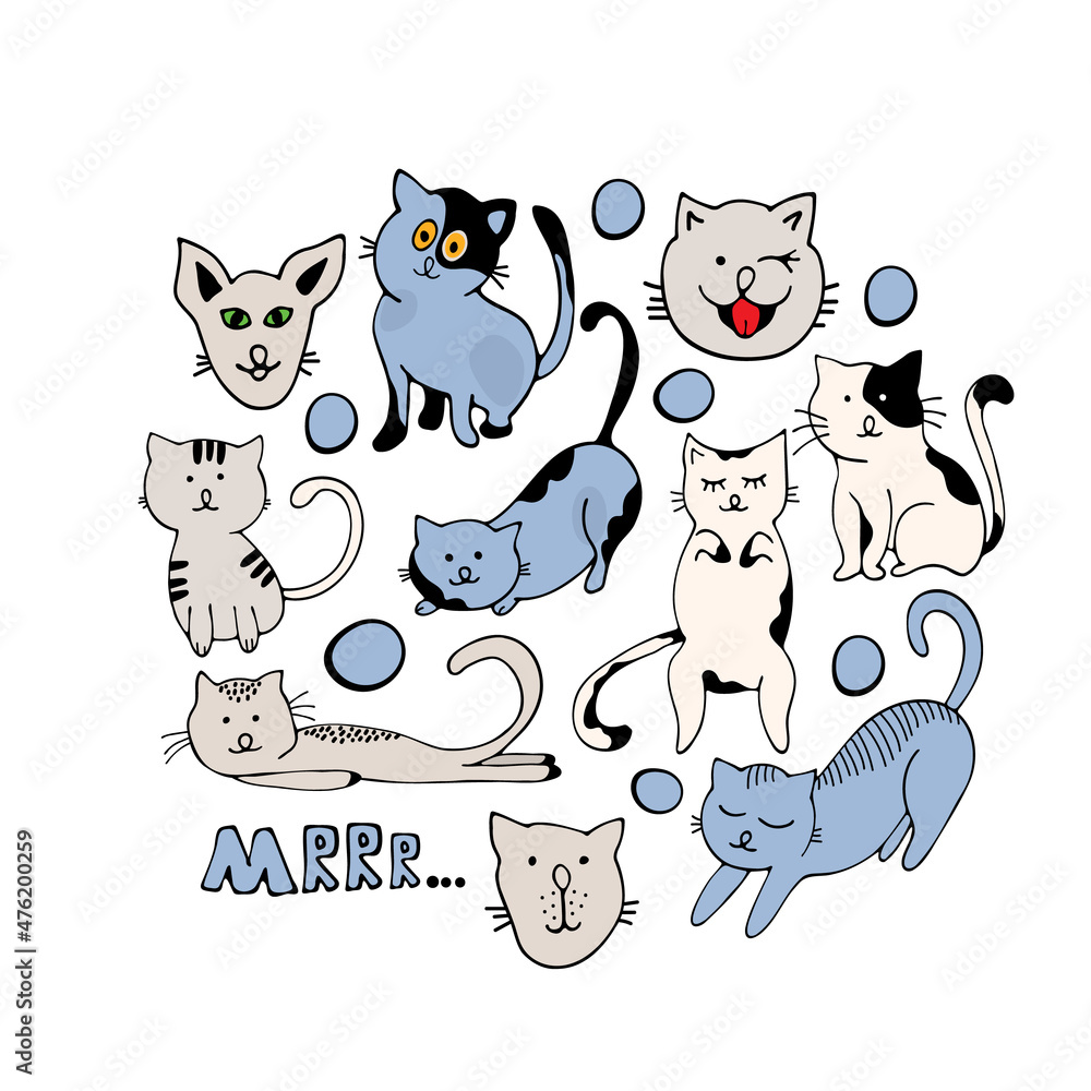 Fototapeta premium Circle of cute vector graphic little cats. Cartoon mascot. Smiling adorable character. Illustration of cartoon cat isolated on white background