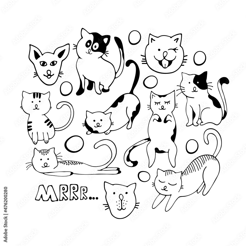 Circle of cute vector graphic little cats. Cartoon mascot. Smiling adorable character. Illustration of  cartoon cat isolated on white background