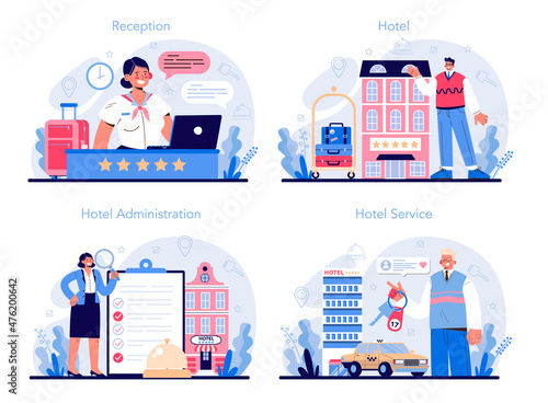 Hotel concept set. Tourism service, professional hotel stuff servicing
