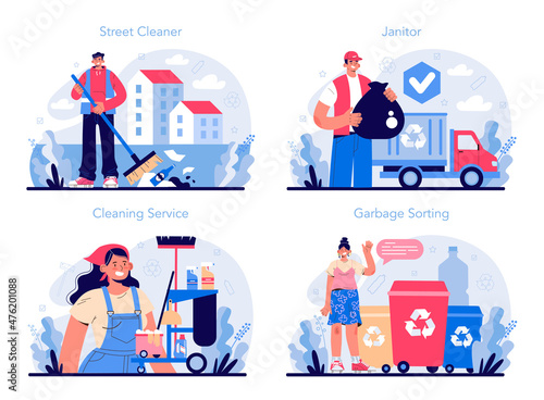 Cleaning service concept set. Cleaning staff with special equipment.
