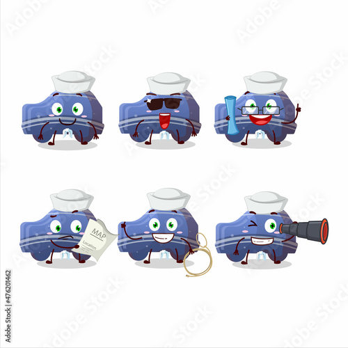 A character image design of blue car gummy candy as a ship captain with binocular