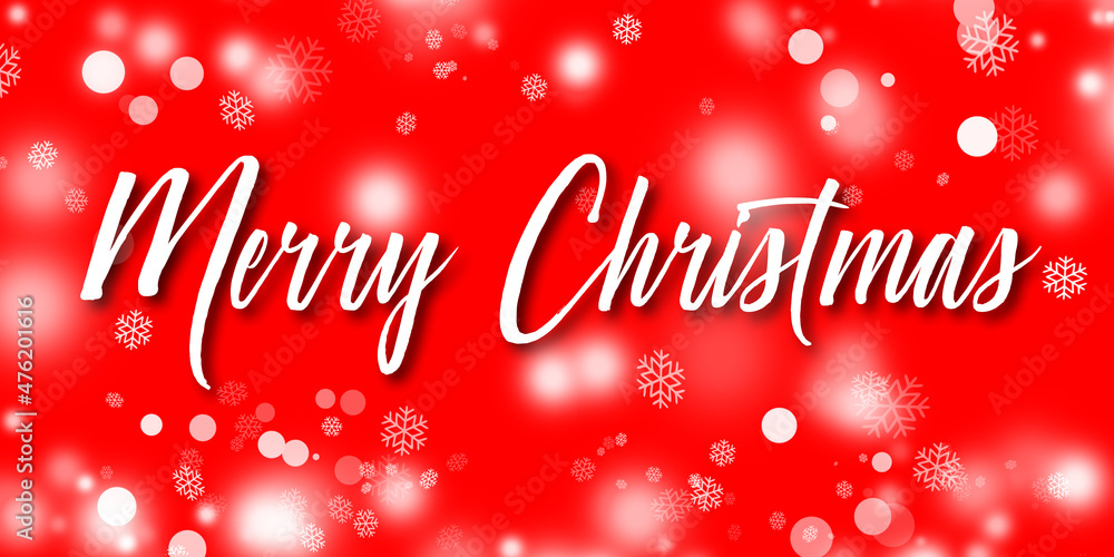 Merry Christmas text on red background. White Christmas text on red backdrop. White snow flakes and light bokeh.