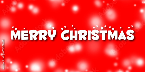 Merry Christmas text on red background. White Christmas text on red backdrop. White snow flakes and light bokeh.