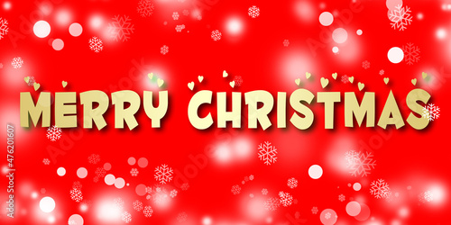 Merry Christmas text on red background. Gold Christmas text on red backdrop. White snow flakes and light bokeh.