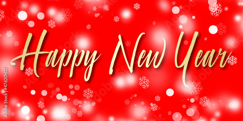 Happy New Year text on red background. Gold Happy New Year text on red backdrop. Gold snow flakes and light bokeh.