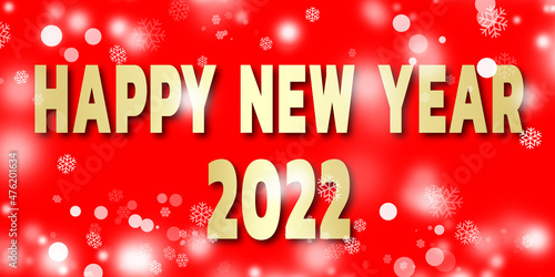 Happy New Year text on red background. Gold Happy New Year text on red backdrop. White snow flakes and light bokeh.