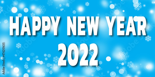 Happy New Year text on blue background. White Happy New Year text on blue backdrop. White snow flakes and light bokeh.