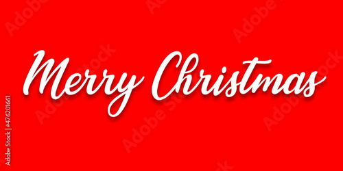 Merry Christmas text on red background. White Christmas text on red backdrop. White snow flakes and light bokeh.