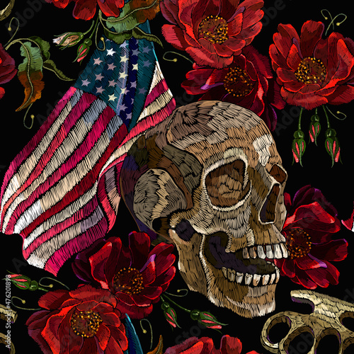 Embroidery skulls, red roses, brass knuckles and rippled American flag, seamless pattern. Bikers lifestyle background. Template for clothes, t-shirt design. Street culture style