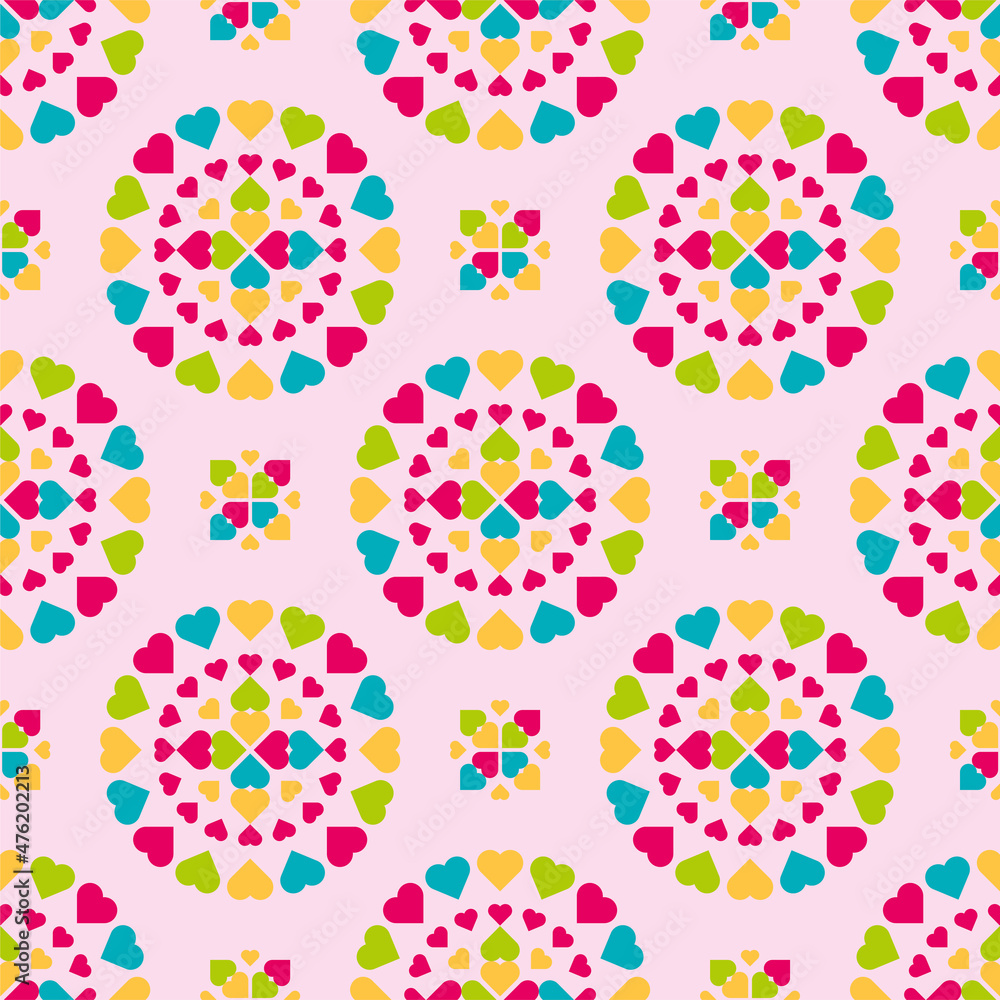 Pink background with round compositions of hearts.Cute romantic pattern. Texture for wallpaper, paper, textile, fabric, home decor,  fashion print