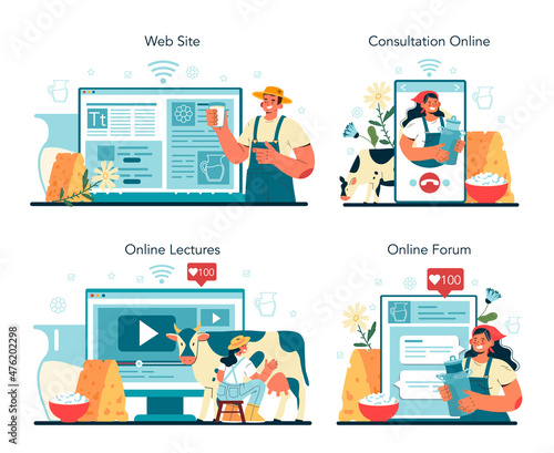 Dairy farm online service or platform set. Milkmaid milking a cow.