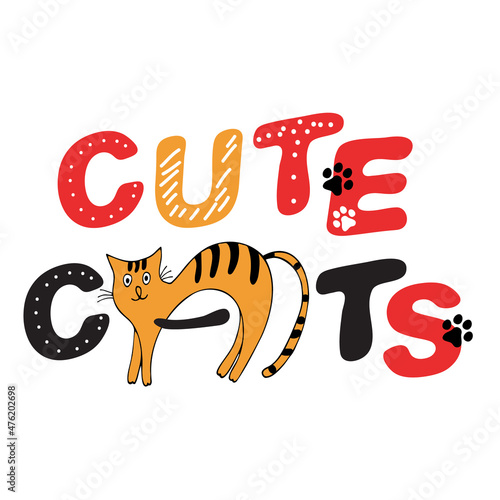 Cute cartoon phrase with cat full of love and purr, meow!  Smiling adorable character. Vector Illustration