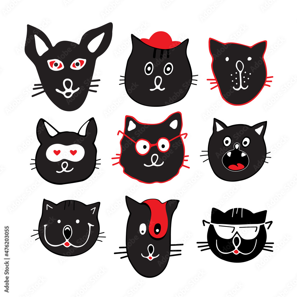 Fototapeta premium Draw vector illustration character collection cute black cats. Doodle cartoon style. Set characters. Cats heads emoticons vector.