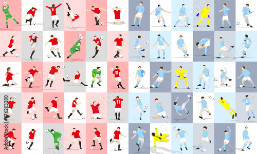 Soccer illustration Many types of soccer player play scenes. 60patterns. Back color. Vector