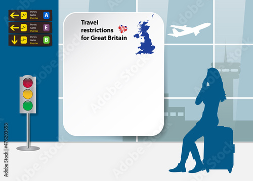 Travel restrictions for Great Britain template.  Silhouette of a tourist is looking at a blank board at the airport. Ready for your text.