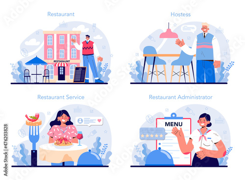 Restaurant concept set. Caffe employees and administration. People having