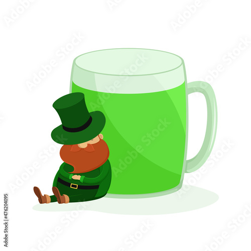 Leprechaun and mug of green beer. Vector illustration.