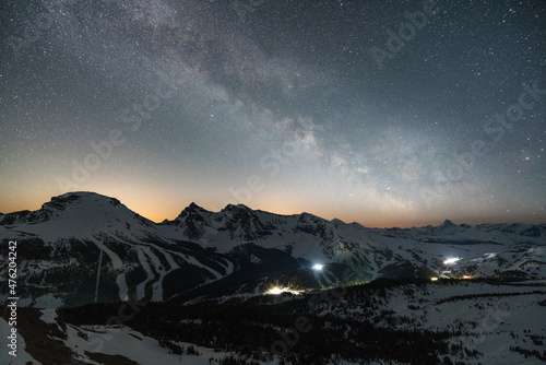 Wonderful starry sky milky way and majestic mountain range in Sunshine Village. Ski village at night. Winter landscape with village in mountains, Banff, Canada © Pavel