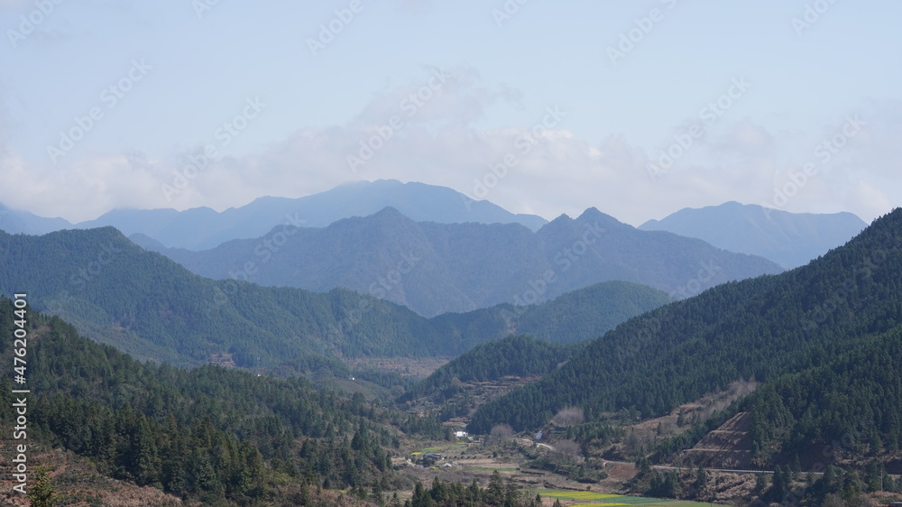 The beautiful mountains view with the green forest and flowers field in the countryside of the southern China 