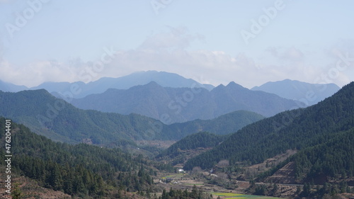 The beautiful mountains view with the green forest and flowers field in the countryside of the southern China 