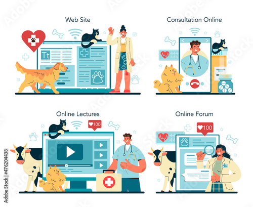 Pet veterinarian online service or platform set. Veterinary doctor