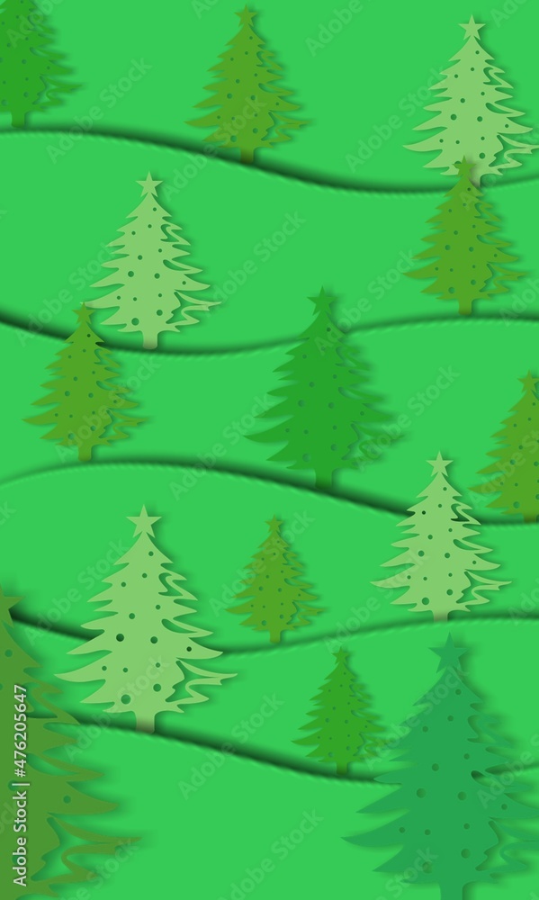 Christmas trees paper artwork in green background. Christmas tree paper cutting design card.