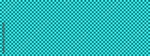 Checkerboard banner. Teal and Cyan colors of checkerboard. Small squares, small cells. Chessboard, checkerboard texture. Squares pattern. Background.