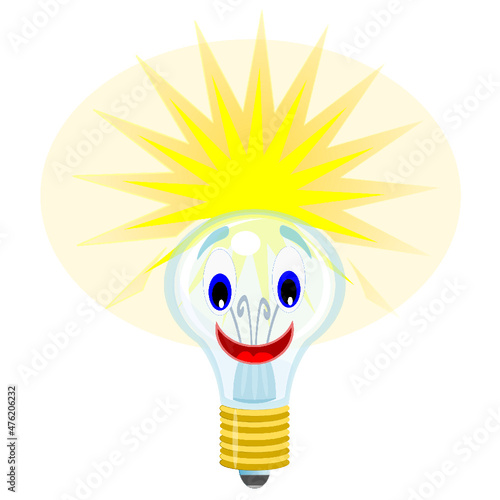 Caricatura de alegre bombilla con rayos de luz superior
