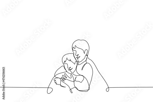two friends hugging and smiling - one line drawing vector. concept of friendly hug of tactile men or brotherly touch